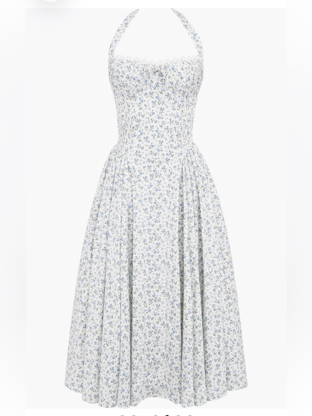 HOUSE OF CB Adabella Floral Pleated Halter Sundress in print cottage blue (S)